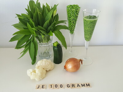 jeweils 100 Gramm Bärlauch, Blumenkohl, Zucchini, Zwiebel, Erbse, Spinat