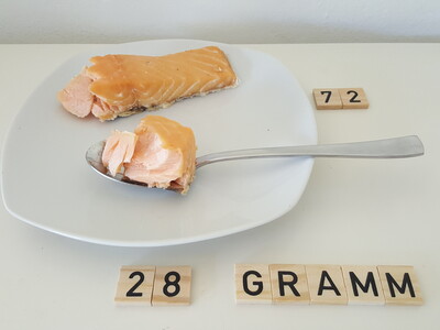 28 und 72 Gramm Stremel Lachs auf einem Teller 